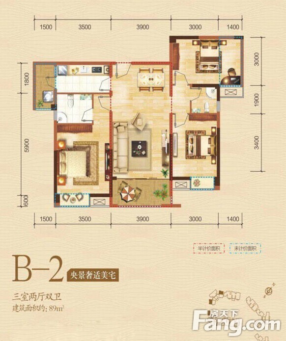 香港70平米三房户型图图片